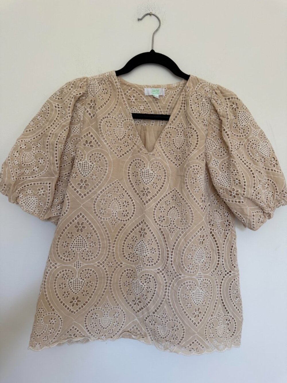 Jade Melody Tam Heart Eyelet Puff Sleeve Blouse Cottagecore Boho Tan - Medium